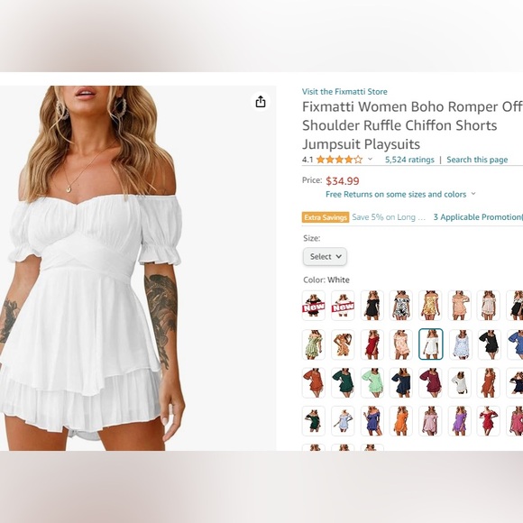 NWOT, Fixmatti Boho Polyester Off Shoulder Chiffon WHITE Shorts ROMPER - Picture 2 of 9